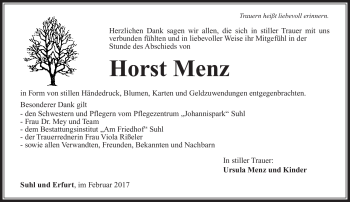 Traueranzeige von Horst Menz von Südthüringer Presse
