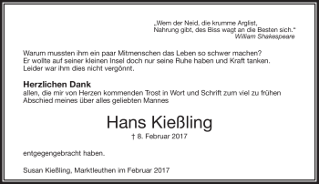 Traueranzeige von Hans Kießling von Frankenpost