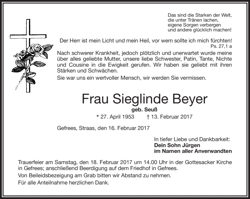  Traueranzeige für Beyer Sieglinde vom 16.02.2017 aus Frankenpost