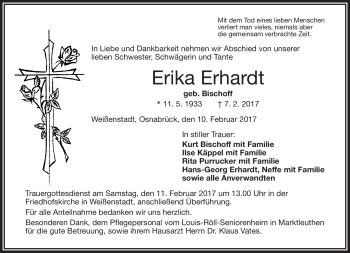 Traueranzeige von Erika Erhardt von Frankenpost