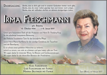 Traueranzeige von Irma Fleischmann von Südthüringer Presse