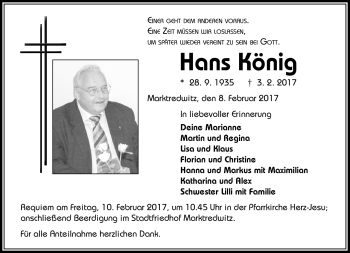 Traueranzeige von Hans König von Frankenpost