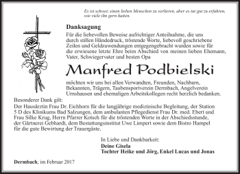 Traueranzeige von Manfred Podbielski von Südthüringer Presse