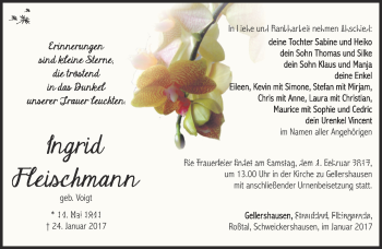 Traueranzeige von Ingrid Fleischmann von Südthüringer Presse