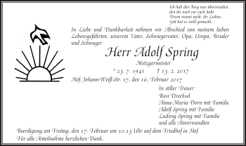 Traueranzeige von Adolf Spring von Frankenpost