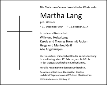 Traueranzeige von Martha Lang von Frankenpost