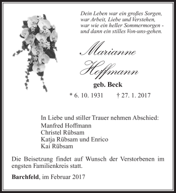 Traueranzeige von Marianne Hoffmann von Südthüringer Presse