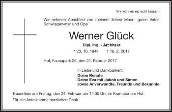 Traueranzeige von Werner Glück von Frankenpost
