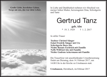 Traueranzeige von Gertrud Tanz von Südthüringer Presse
