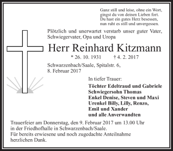 Traueranzeige von Reinhard Kitzmann von Frankenpost