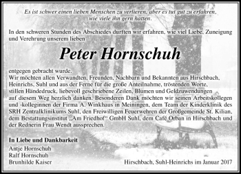 Traueranzeige von Peter Hornschuh von Südthüringer Presse