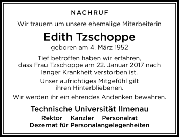 Traueranzeige von Edith Tzschoppe von Südthüringer Presse