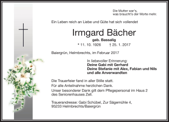 Traueranzeige von Irmgrad Bächer von Frankenpost