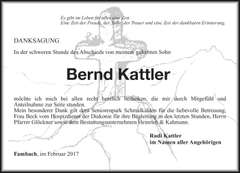 Traueranzeige von Bernd Kattler von Südthüringer Presse