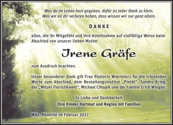 Traueranzeige von Irene Gräfe von Südthüringer Presse