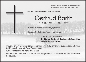 Traueranzeige von Gertrud Barth von Frankenpost