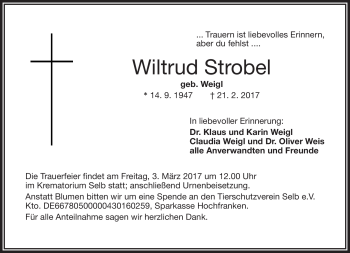 Traueranzeige von Wiltrud Strobel von Frankenpost