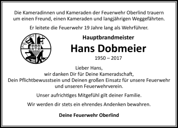 Traueranzeige von Hans Dobmeier von Südthüringer Presse