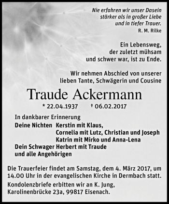 Traueranzeige von Traude Ackermann von Südthüringer Presse