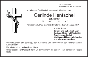 Traueranzeige von Gerlinde Hentschel von Frankenpost