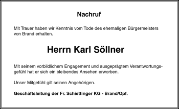 Traueranzeige von Karl Söllner von Frankenpost