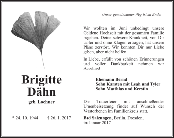 Traueranzeige von Brigitte Dähn von Südthüringer Presse