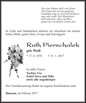 Traueranzeige von Ruth Pierschalek von Südthüringer Presse
