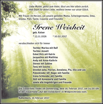Traueranzeige von Irene Weisheit von Südthüringer Presse
