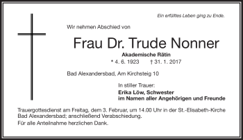 Traueranzeige von Trude Nonner von Frankenpost
