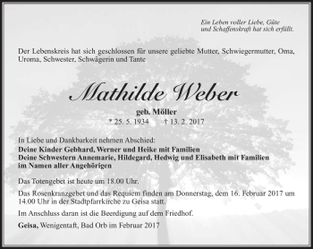 Traueranzeige von Mathilde Weber von Südthüringer Presse