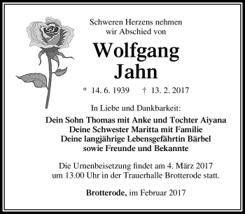 Traueranzeige von Wolfgang Jahn von Südthüringer Presse