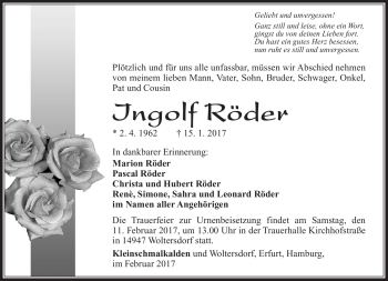 Traueranzeige von Ingolf Röder von Südthüringer Presse