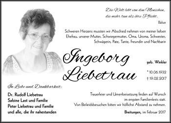 Traueranzeige von Ingeborg Liebetrau von Südthüringer Presse