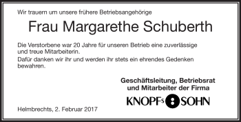 Traueranzeige von Margarethe Schuberth von Frankenpost