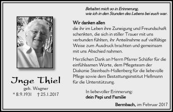 Traueranzeige von Inge Thiel von Südthüringer Presse