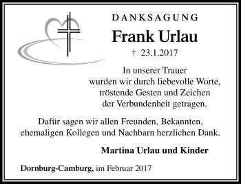 Traueranzeige von Frank Urlau von Südthüringer Presse
