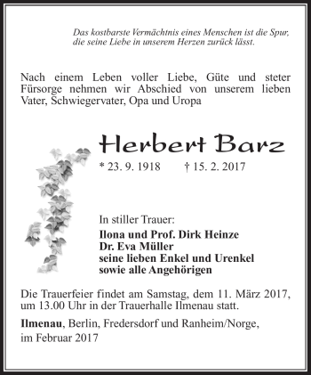 Traueranzeige von Herbert Barz von Südthüringer Presse