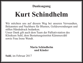 Traueranzeige von Kurt Schindhelm von Südthüringer Presse