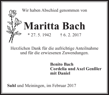Traueranzeige von Maritta Bach von Südthüringer Presse