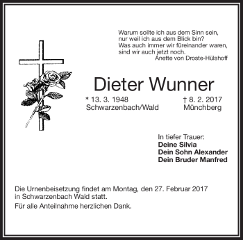 Traueranzeige von Dieter Wunner von Frankenpost