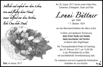 Traueranzeige von Lonni Büttner von Südthüringer Presse