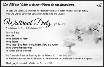 Traueranzeige von Waltraut Dietz von Südthüringer Presse