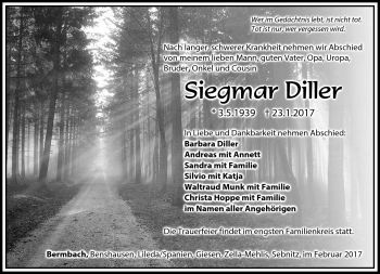 Traueranzeige von Siegmar Diller von Südthüringer Presse