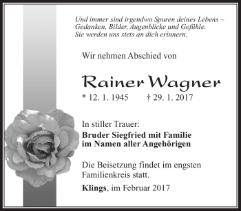 Traueranzeige von Rainer Wagner von Südthüringer Presse