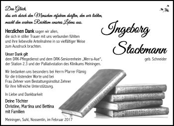 Traueranzeige von Ingeborg Stockmann von Südthüringer Presse