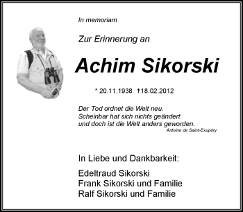 Traueranzeige von Achim Sikorski von Südthüringer Presse