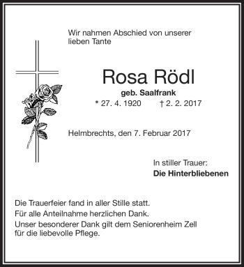 Traueranzeige von Rosa Rödl von Frankenpost