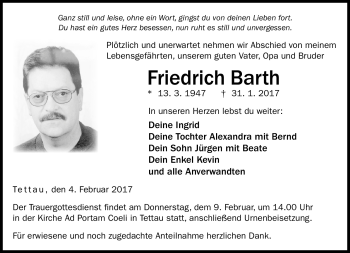 Traueranzeige von Friedrich Barth von Neue Presse Coburg