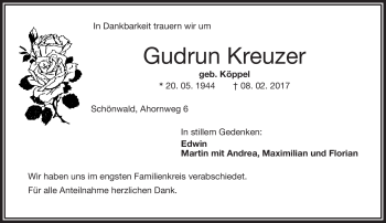 Traueranzeige von Gudrun Kreuzer von Frankenpost