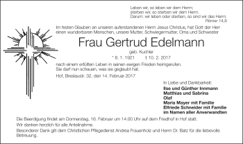 Traueranzeige von Gertrud Edelmann von Frankenpost